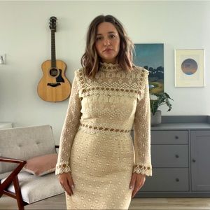 1970s Cream Crochet Lace Dress with Ribbon Waist